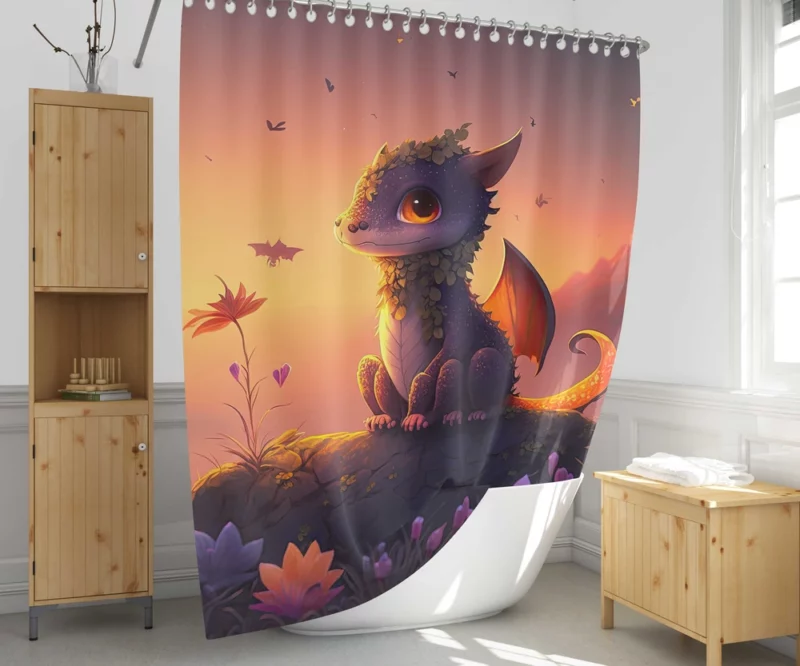 Dragon at Magical Sunrise Shower Curtain 1