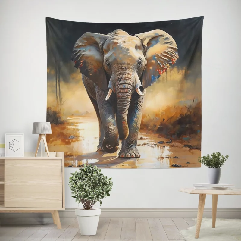 Elephant Walking in Rain Wall Tapestry