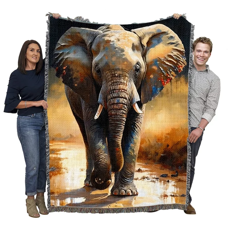 Elephant Walking in Rain Woven Blanket