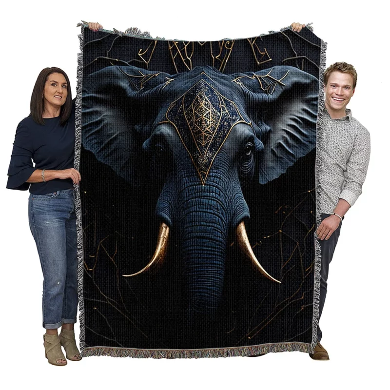 Elephant With Blue and Gold Design Woven Blanket