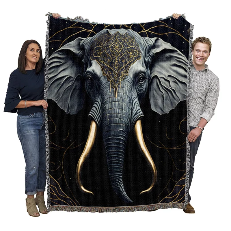 Elephant With a Gold Patterned Head Woven Blanket