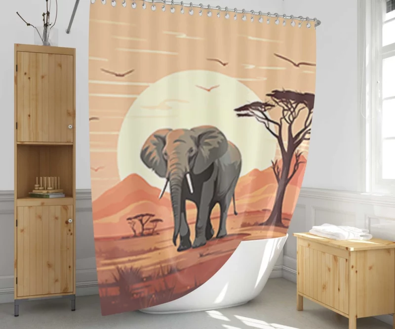 Elephant in Grassland Scene Shower Curtain 1