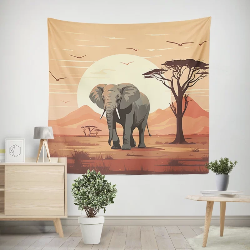 Elephant in Grassland Scene Wall Tapestry