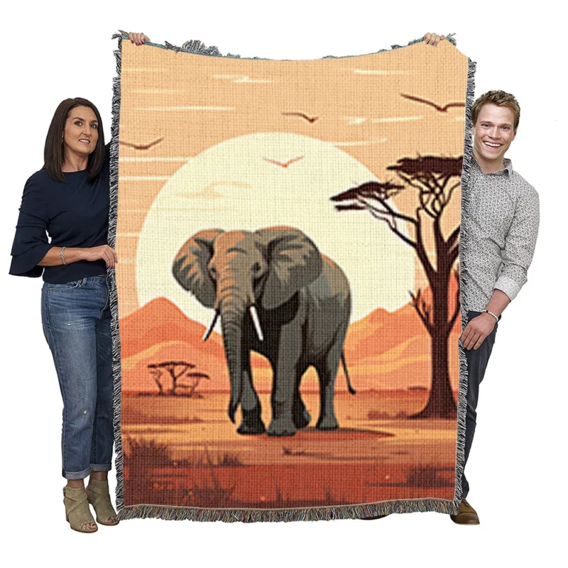 Elephant in Grassland Scene Woven Blanket