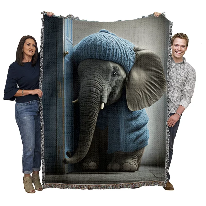 Elephant in a Blue Sweater Woven Blanket