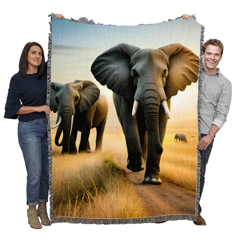 Elephants Walking in Desert Woven Blanket
