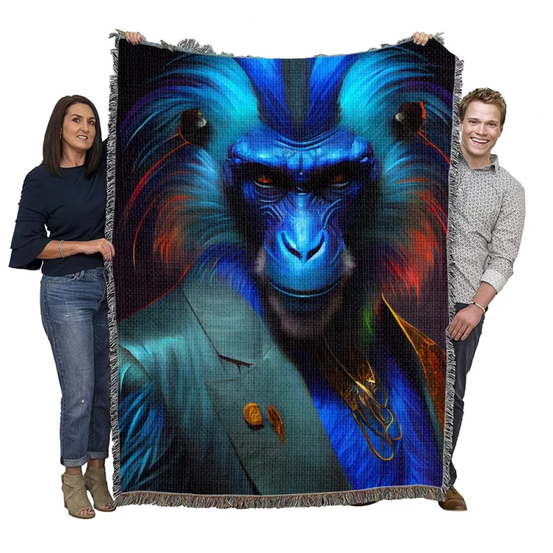 Fancy Blue Monkey Portrait Woven Blanket