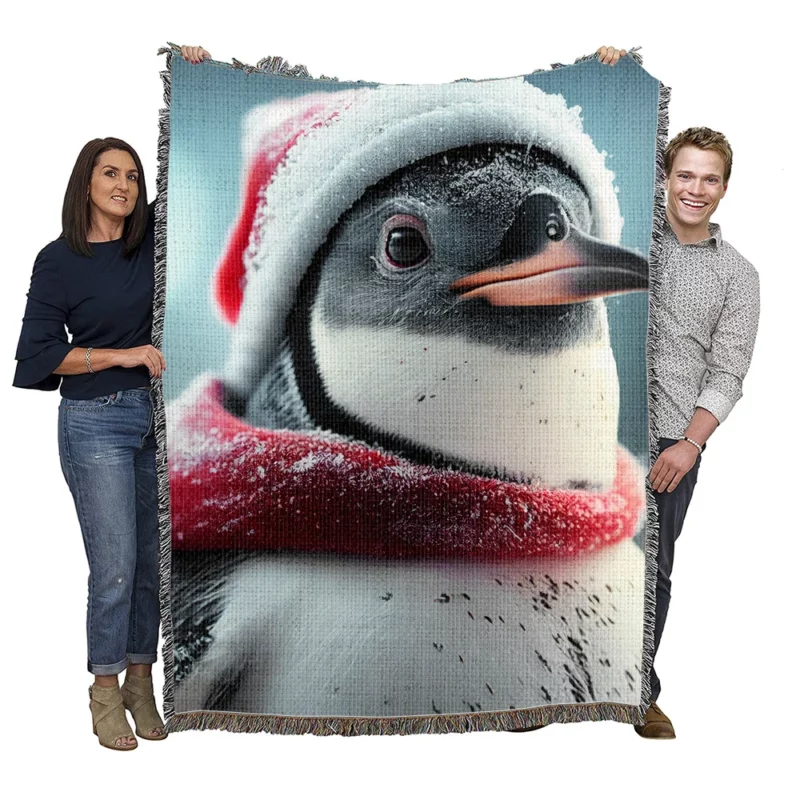 Festive Christmas Penguin Woven Blanket