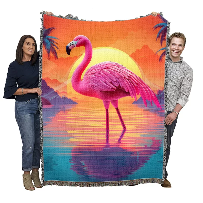 Flamingo Silhouette Sunset Woven Blanket
