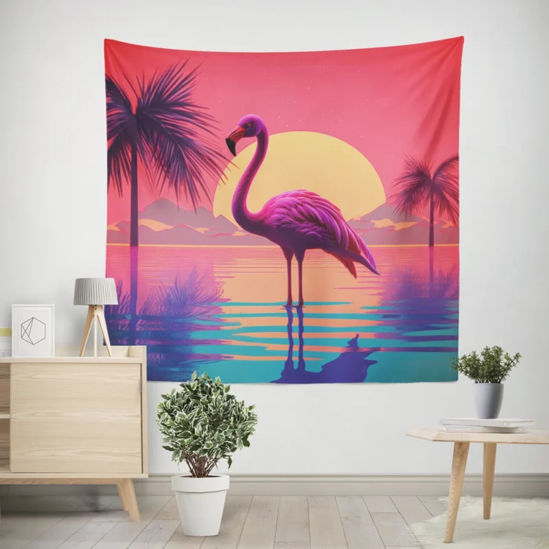 Flamingo Sunset Background Wall Tapestry