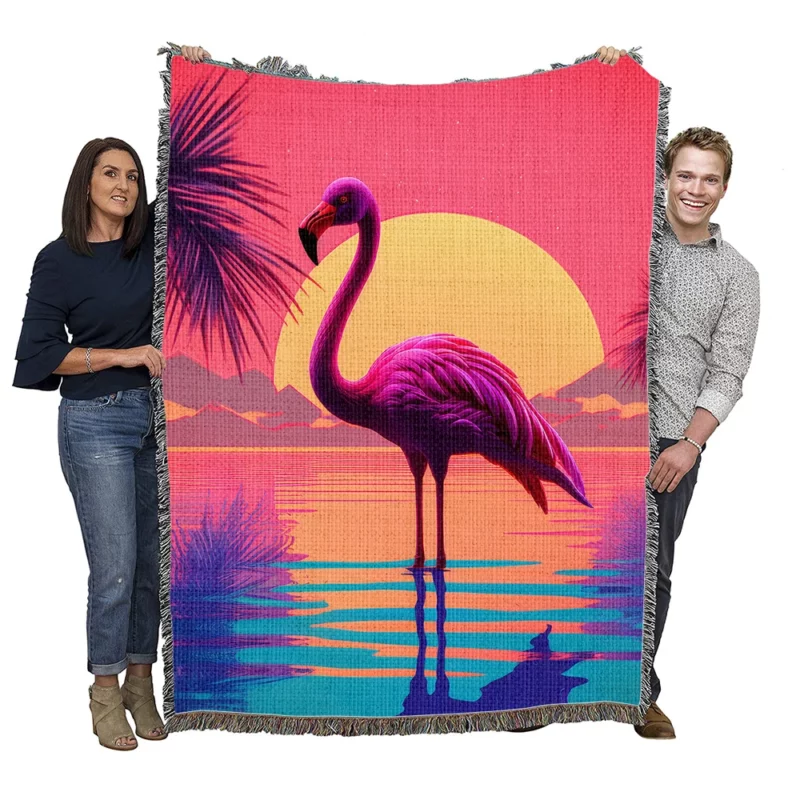 Flamingo Sunset Background Woven Blanket