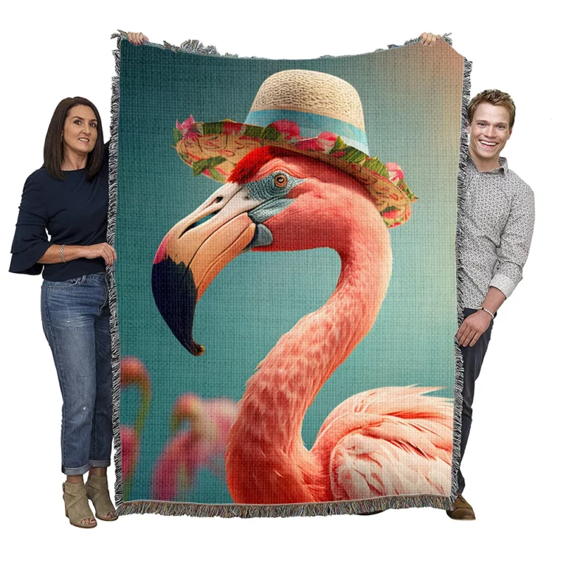 Flamingo With Flower Garland Woven Blanket