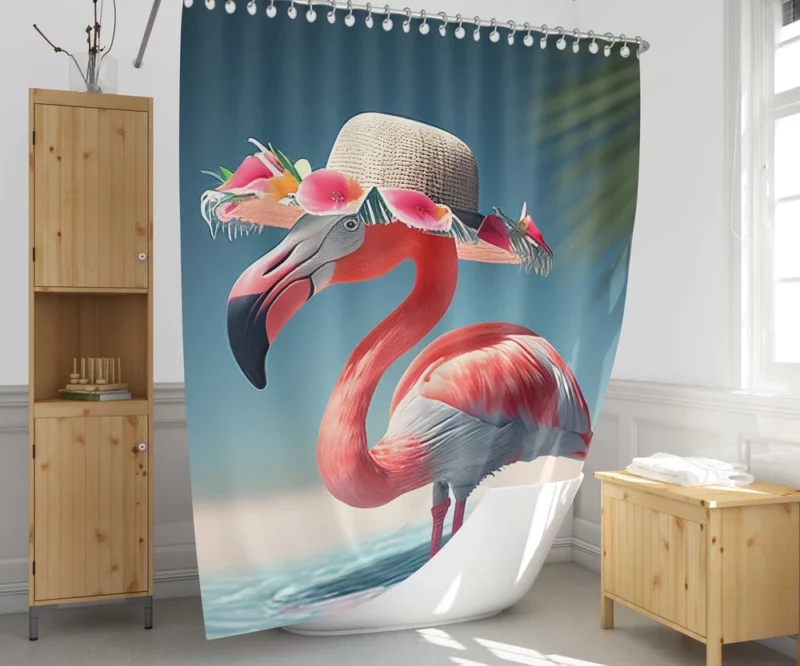 Flamingo in Hawaiian Flowers Shower Curtain 1