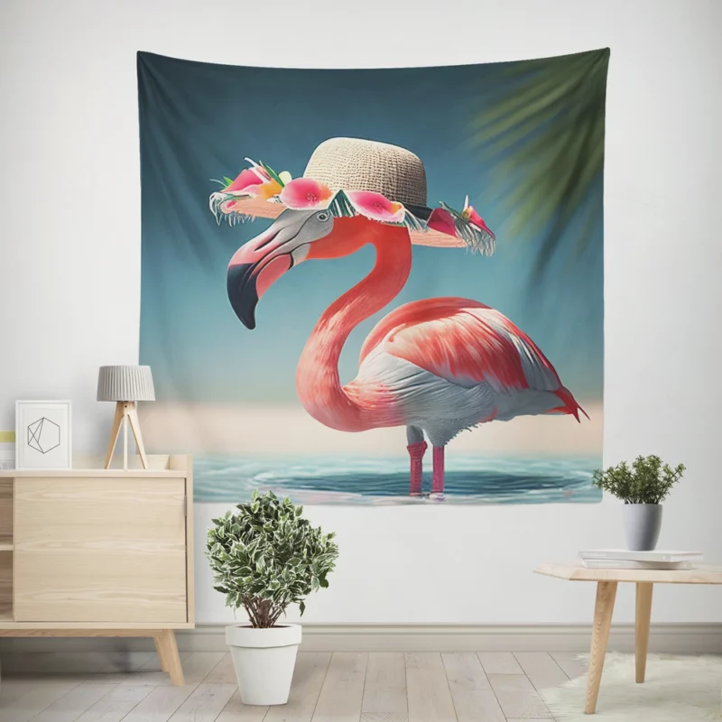 Flamingo in Hawaiian Flowers Wall Tapestry