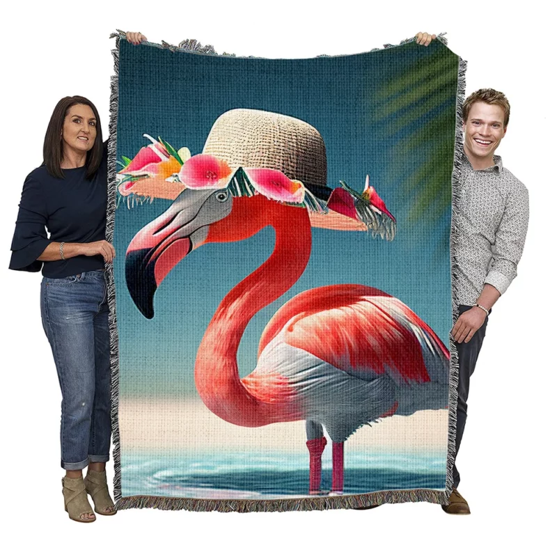 Flamingo in Hawaiian Flowers Woven Blanket