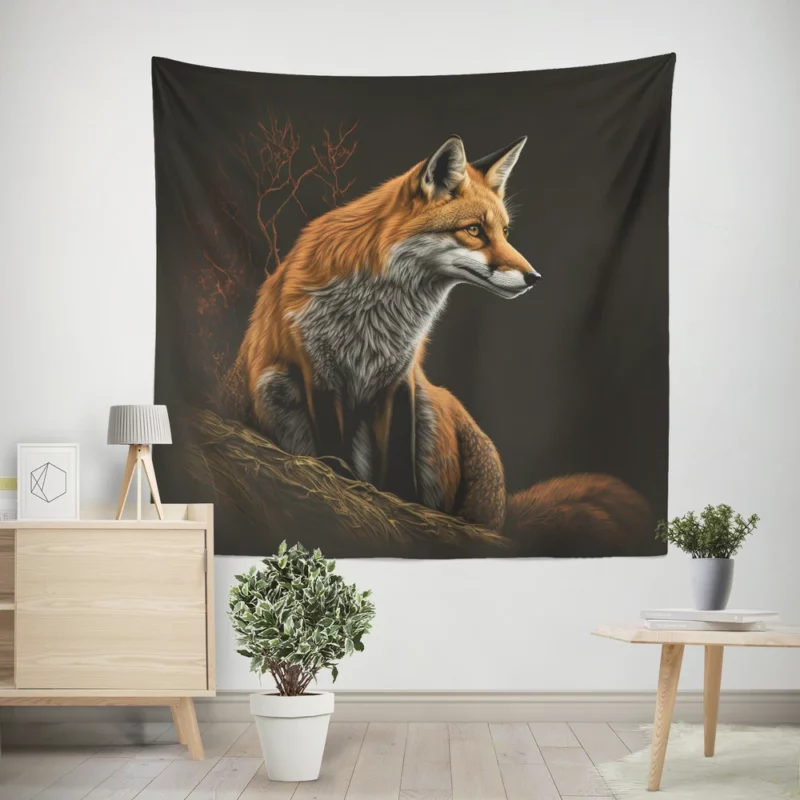 Fox Sitting on Hill Painting Wall Tapestry