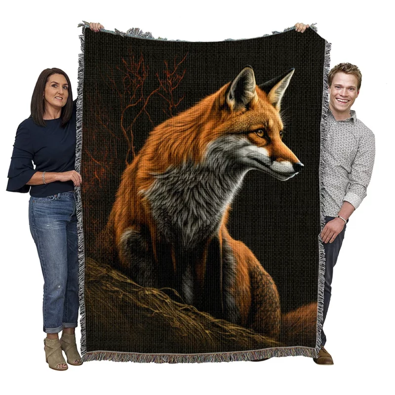 Fox Sitting on Hill Painting Woven Blanket