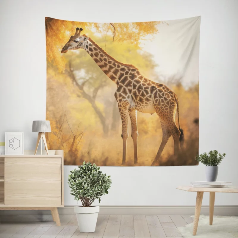 Giraffe Among Falling Leaves Wall Tapestry