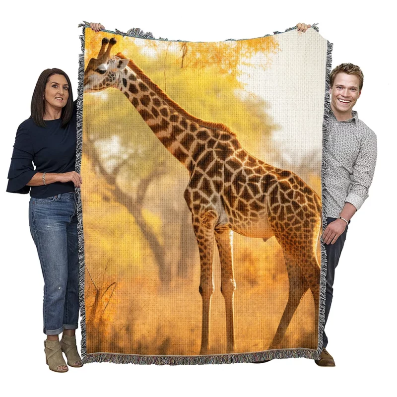 Giraffe Among Falling Leaves Woven Blanket