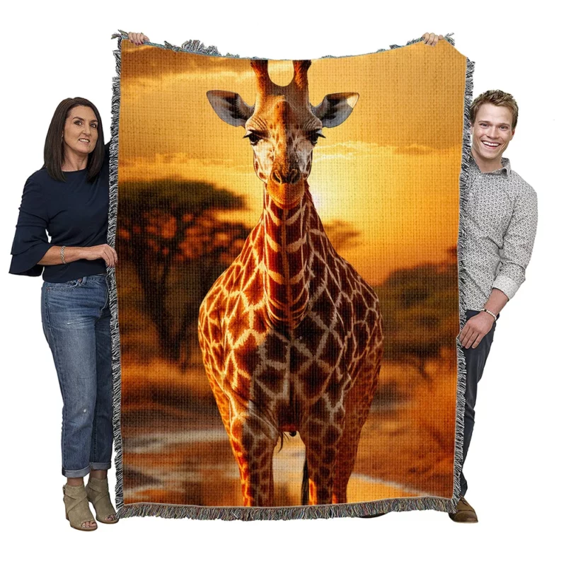 Giraffe Forages in Africs Woven Blanket