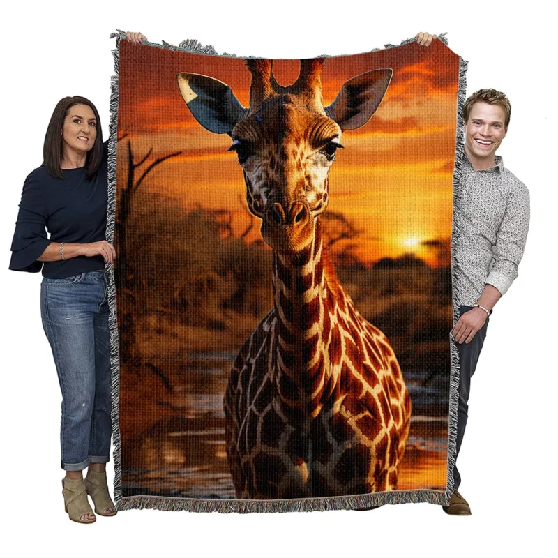 Giraffe Foraging in Africa Woven Blanket