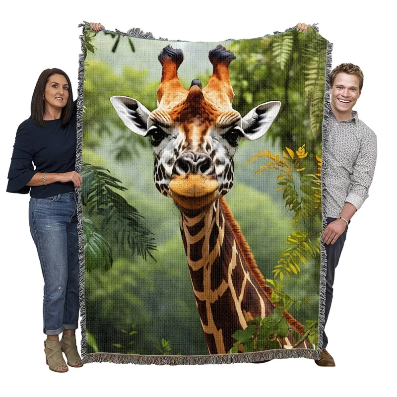 Giraffe Peering Through Trees Woven Blanket