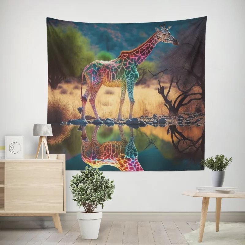 Giraffe Pond Reflection Wall Tapestry