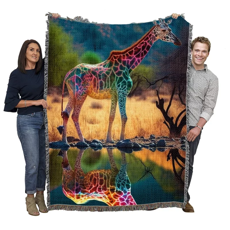 Giraffe Pond Reflection Woven Blanket