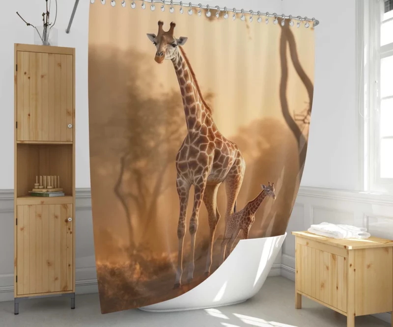 Giraffe Stand Together In Forest Shower Curtain 1