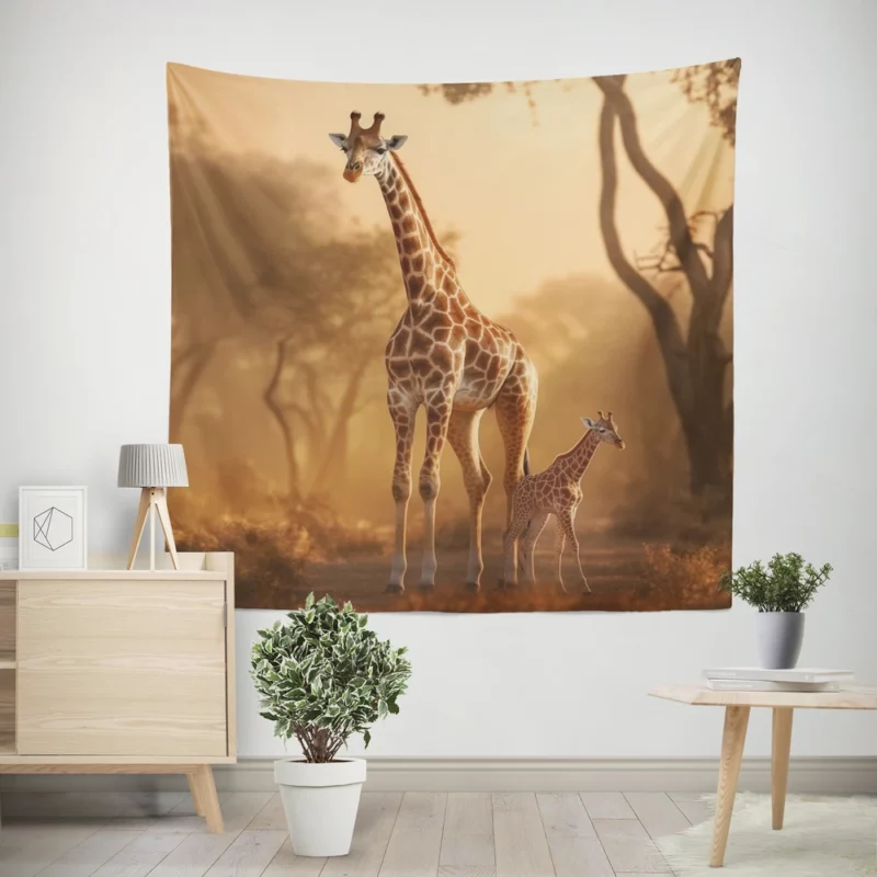 Giraffe Stand Together In Forest Wall Tapestry