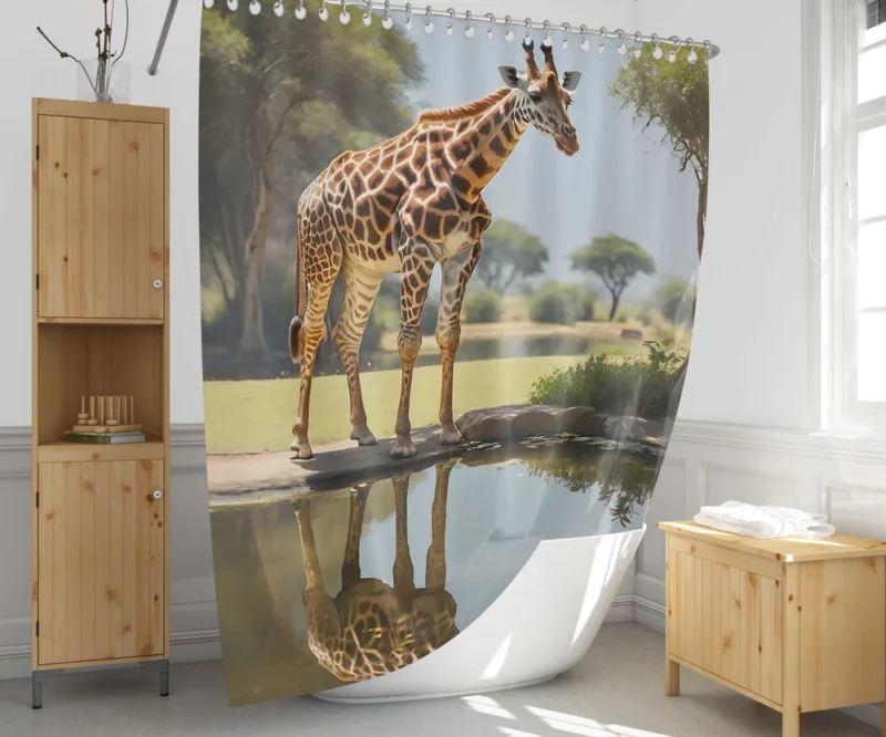 Giraffe by a Pond Shower Curtain 1