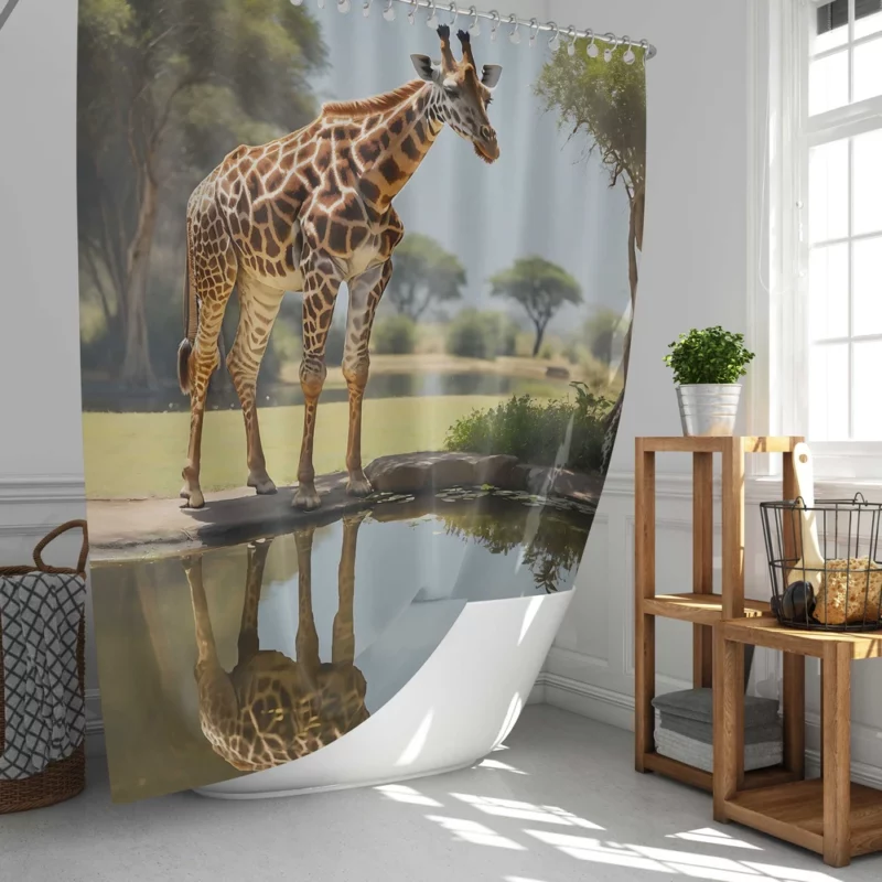 Giraffe by a Pond Shower Curtain