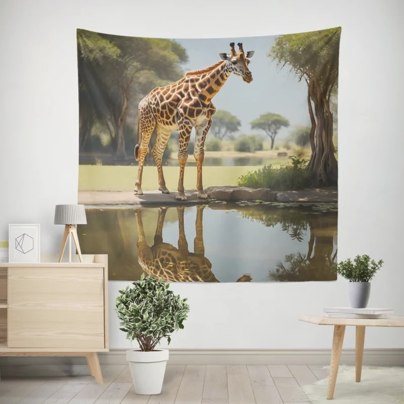 Giraffe by a Pond Wall Tapestry