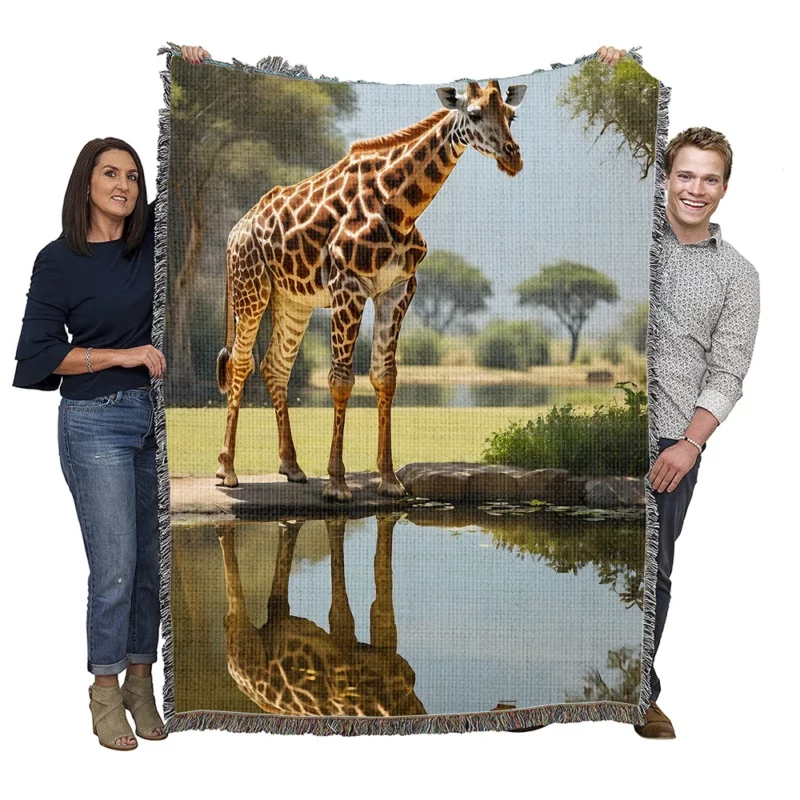 Giraffe by a Pond Woven Blanket