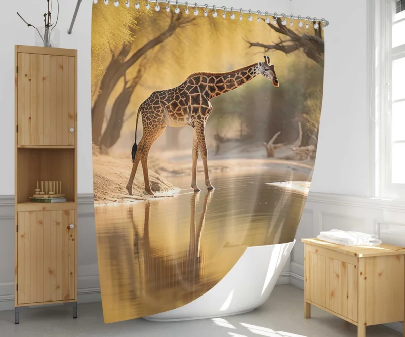 Giraffe by the Watering Hole Shower Curtain 1