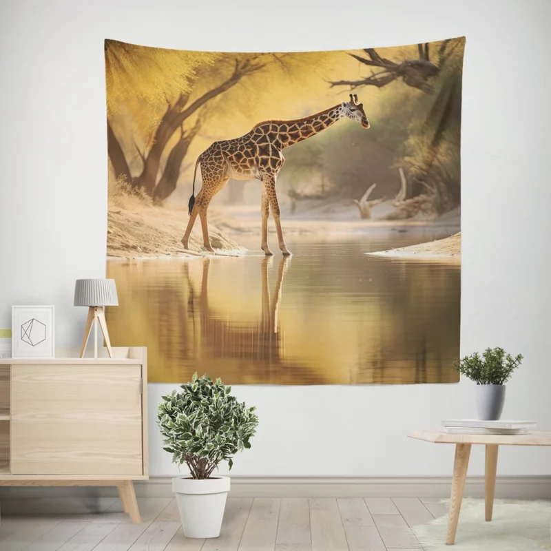 Giraffe by the Watering Hole Wall Tapestry