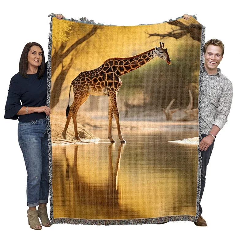 Giraffe by the Watering Hole Woven Blanket