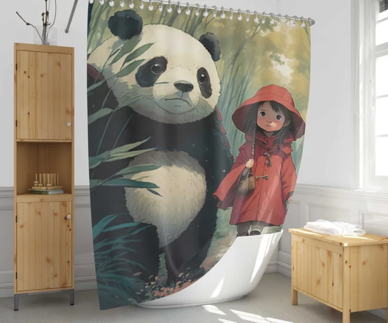 Girl and Panda in Rain Shower Curtain 1