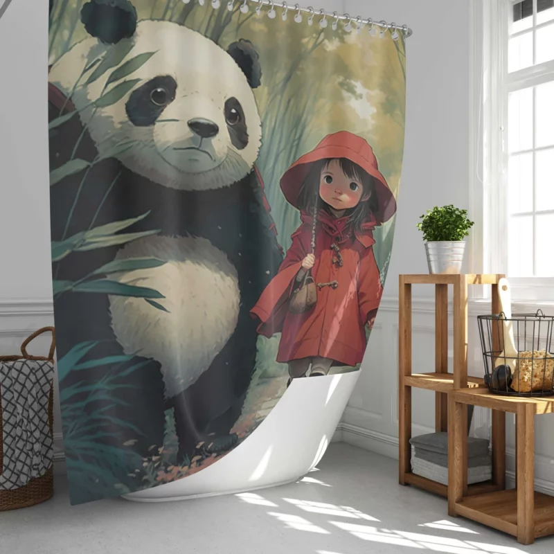 Girl and Panda in Rain Shower Curtain