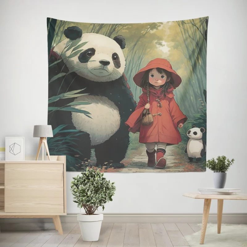Girl and Panda in Rain Wall Tapestry
