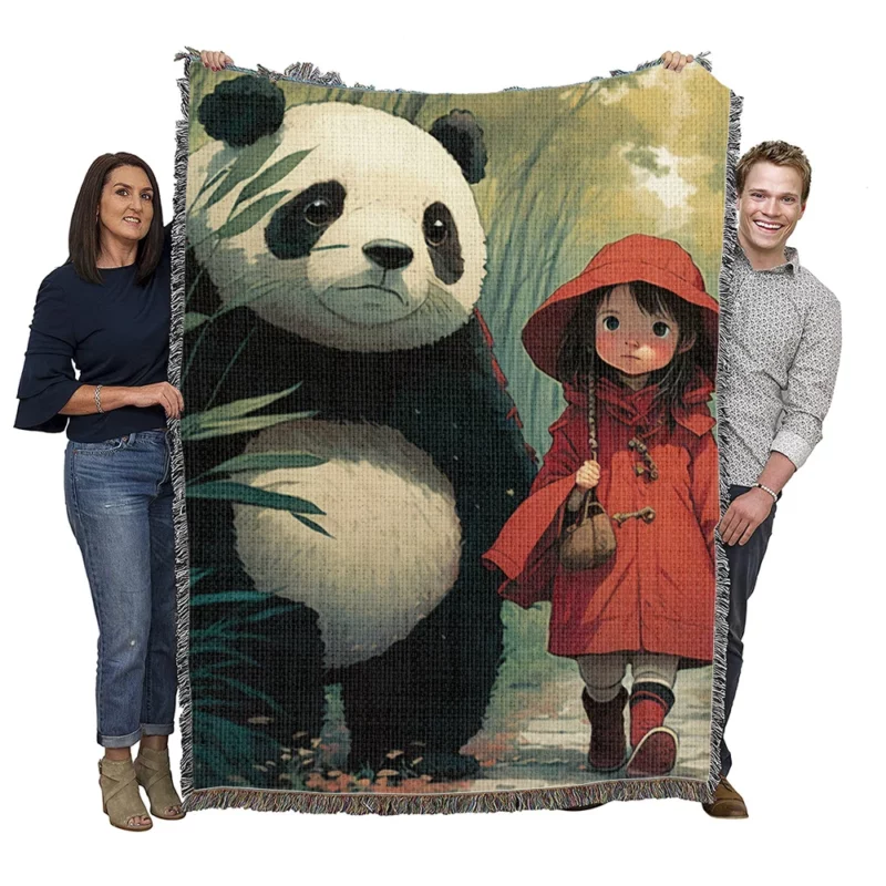 Girl and Panda in Rain Woven Blanket