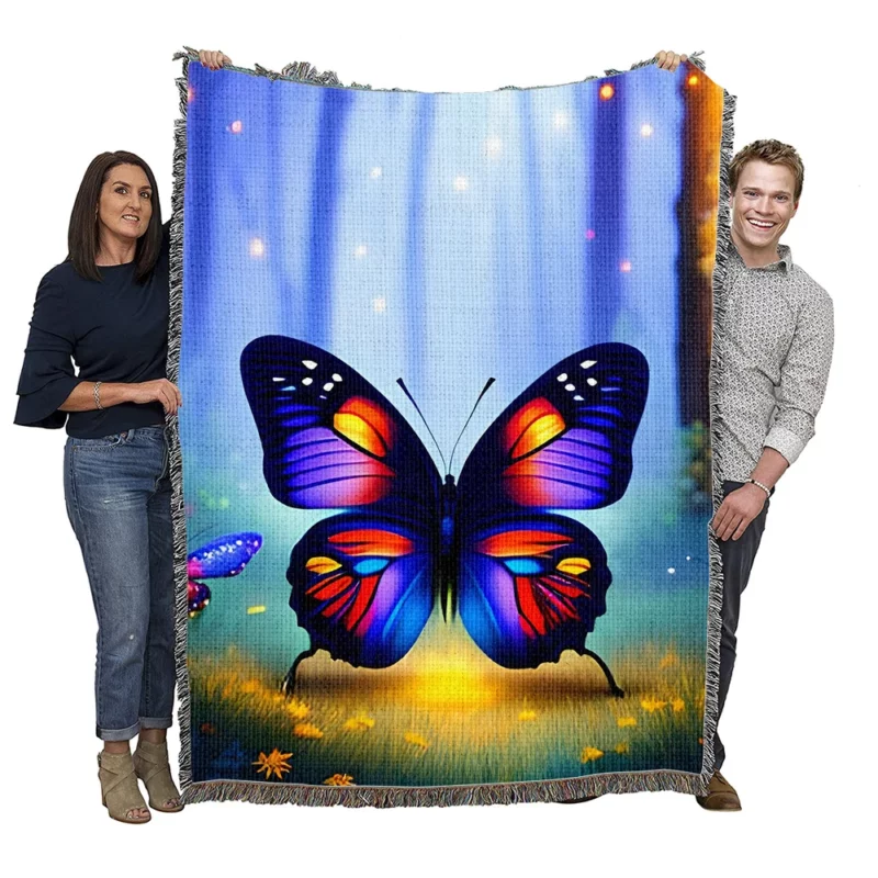 Glowing Butterflies Fantasy Painting Woven Blanket