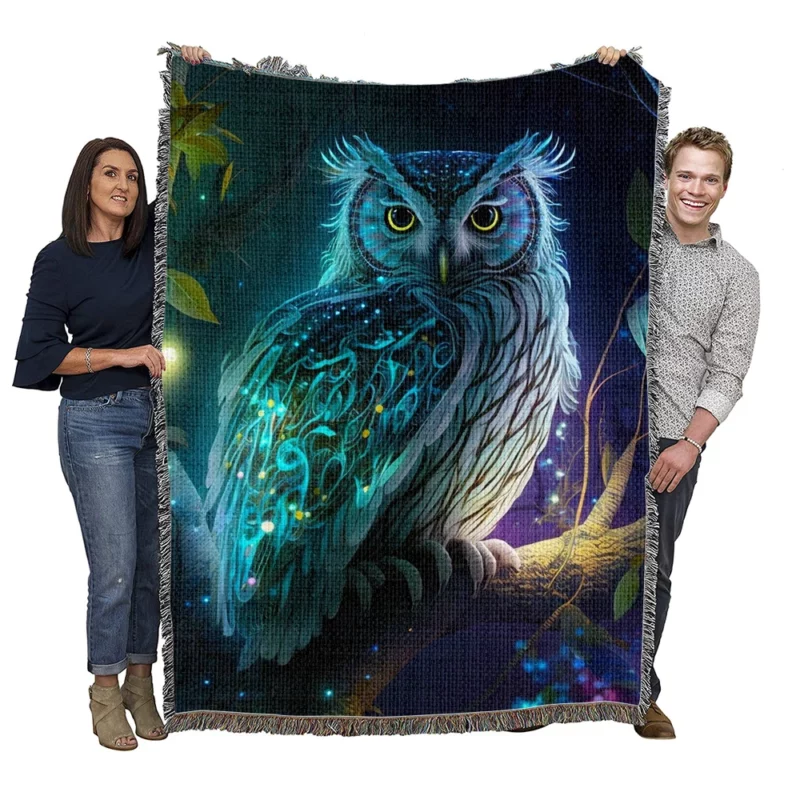 Glowing Owl on Branch Woven Blanket