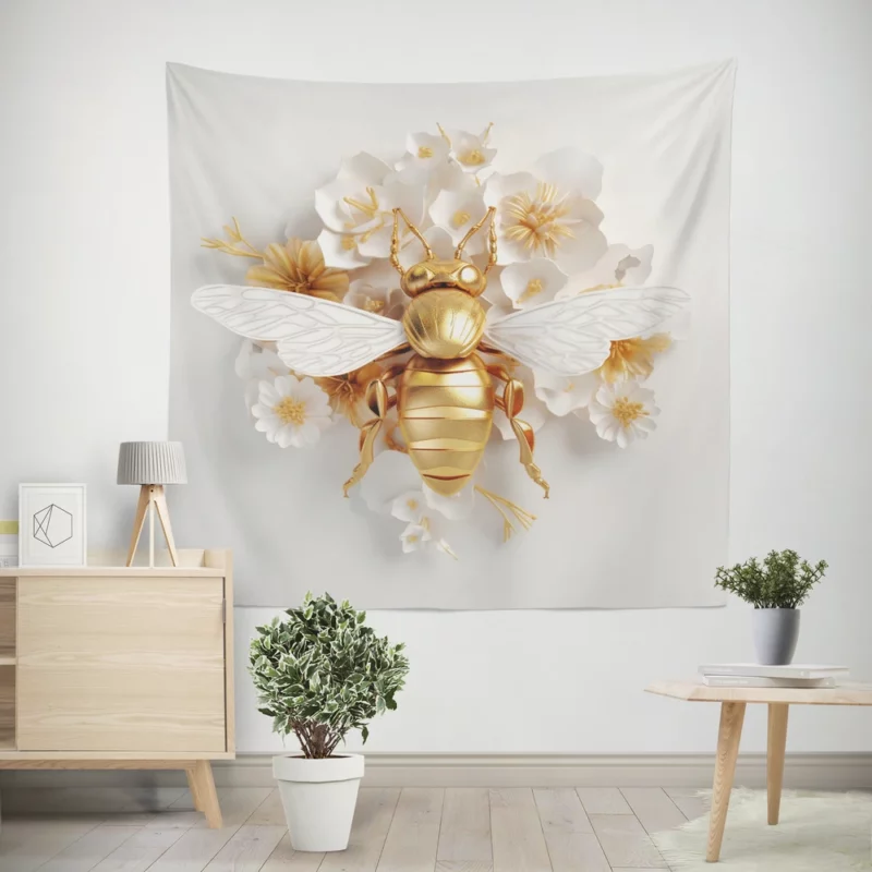 Golden Bee With White Flowers Wall Tapestry