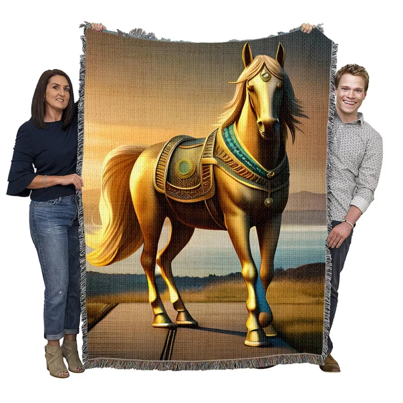 Golden Horse Statue Woven Blanket