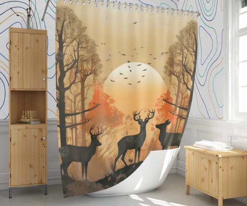 Golden Hour Deer in Sunset Forest Shower Curtain 1