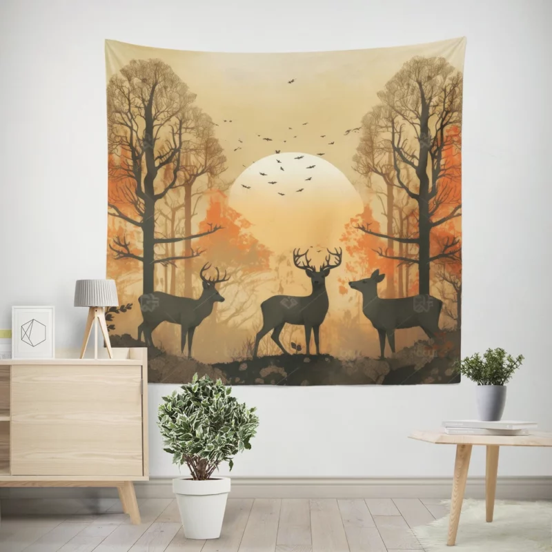 Golden Hour Deer in Sunset Forest Wall Tapestry