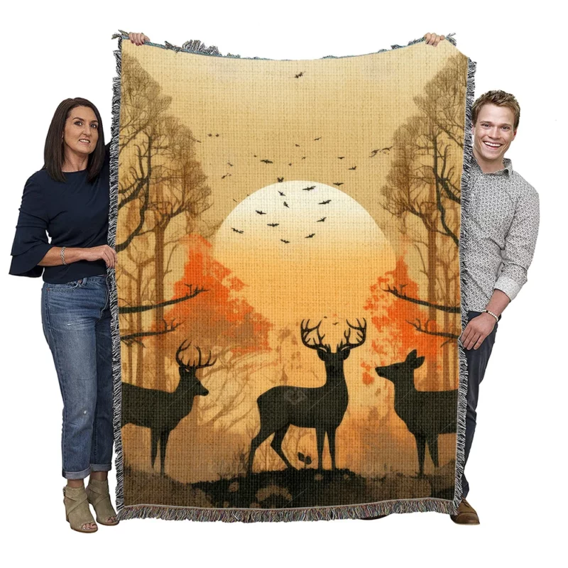 Golden Hour Deer in Sunset Forest Woven Blanket
