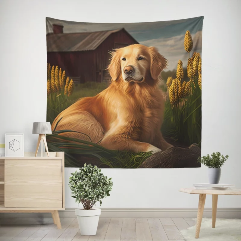 Golden Retriever Near Barn Wall Tapestry