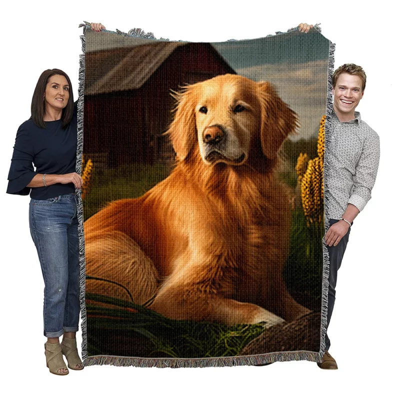 Golden Retriever Near Barn Woven Blanket